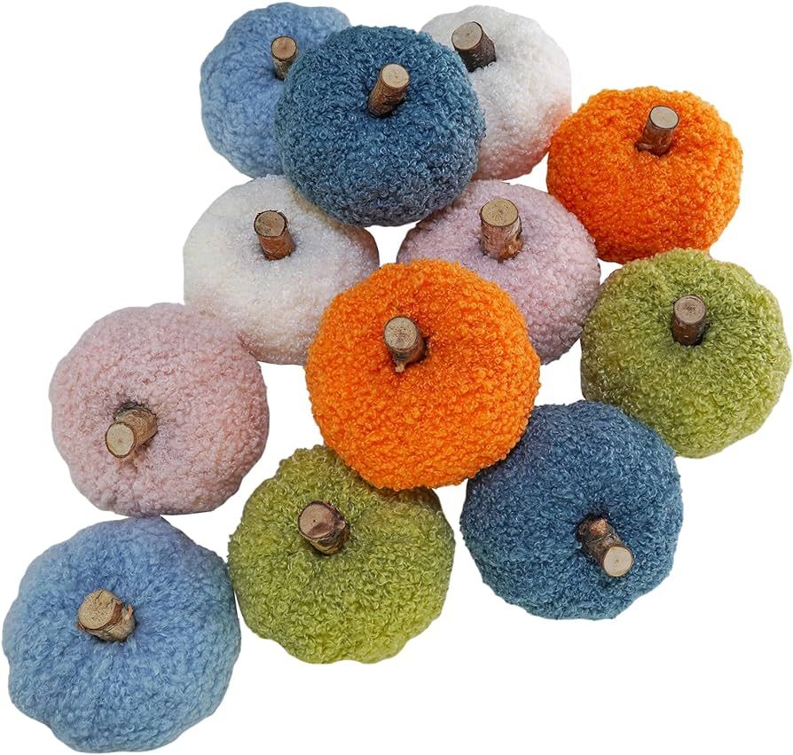Winlyn 12 Pcs Small Assorted Faux Sherpa Pumpkins Decorative Orange Green Blue Pink White Fabric ... | Amazon (US)