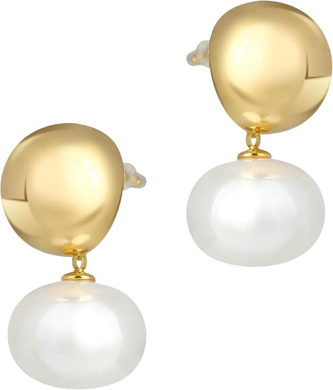 Pearl Drop Earrings for Women Dainty 14K Gold Plated Silver Hoop earrings Charms Trendy Huggie Gi... | Amazon (US)