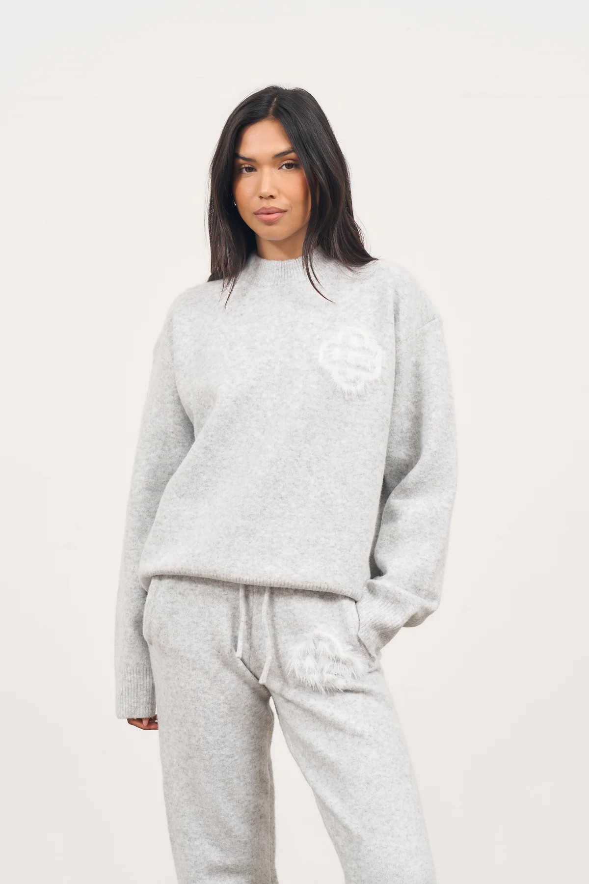 FLUFFY EMBLEM KNITTED CREW - GREY MARL | The Couture Club