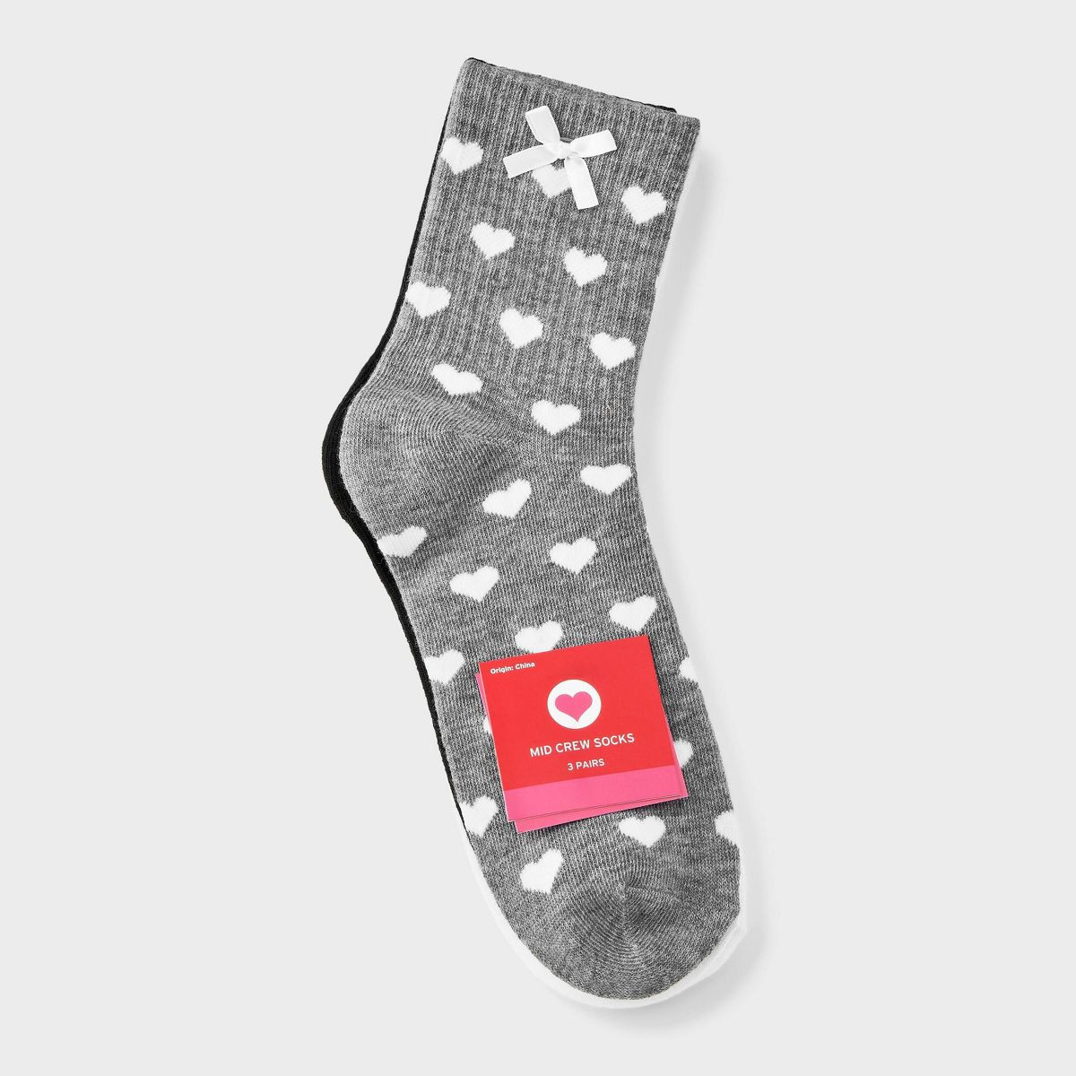 Women's Bow Hearts Ribbed Valentine's Day 3pk Mid Crew Socks - Gray/Black/White 4-10 | Target