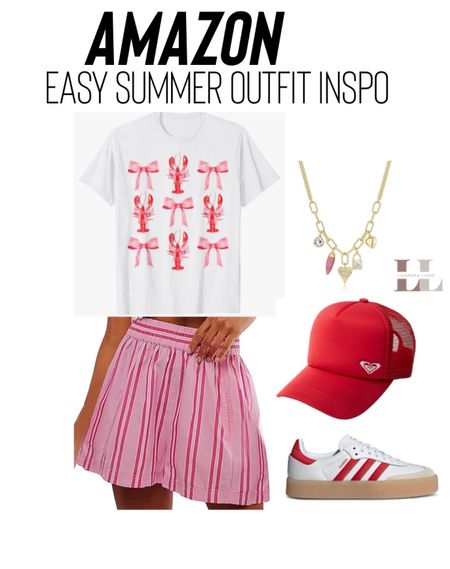 Fun and trendy summer fashion, Amazon finds, tee shirt, boxer shorts, sneakers, red, pink, shoes, charm necklace, outfit ideas, travel look, vacation outfits, beach, travel, graphic tee 

#LTKFindsUnder50 #LTKStyleTip #LTKTravel