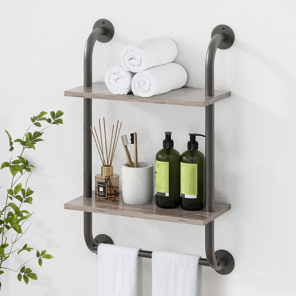 2 Tier Bathroom Shelf Organizer Grey, Industrial Pipe Shelves with Towel Bar, Rustic Shelves for ... | Amazon (US)