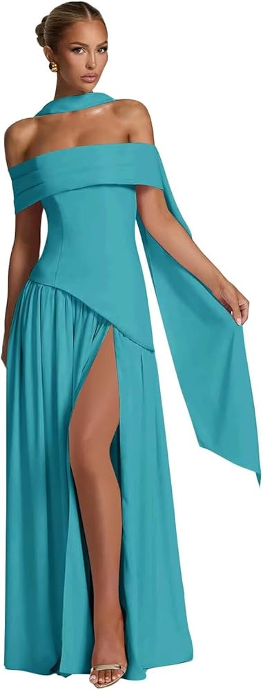 Satin Bridesmaid Dresses for Women with Scarf Off Shoulder Pleated Long Formal Party Dress with S... | Amazon (US)