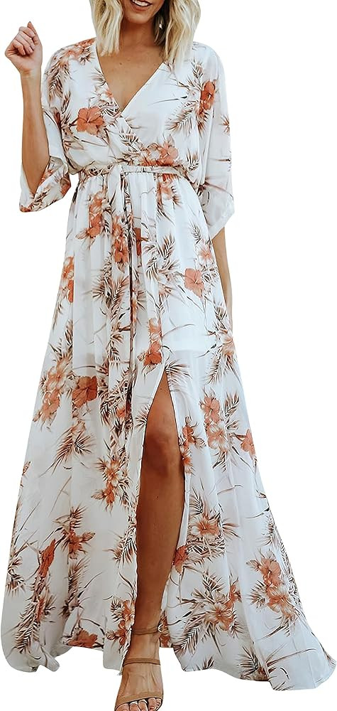 ANRABESS Women’s Summer Loose Kimono Maxi Dress Wrap V Neck 3/4 Sleeve Floral Print Slit Long Dresse | Amazon (US)