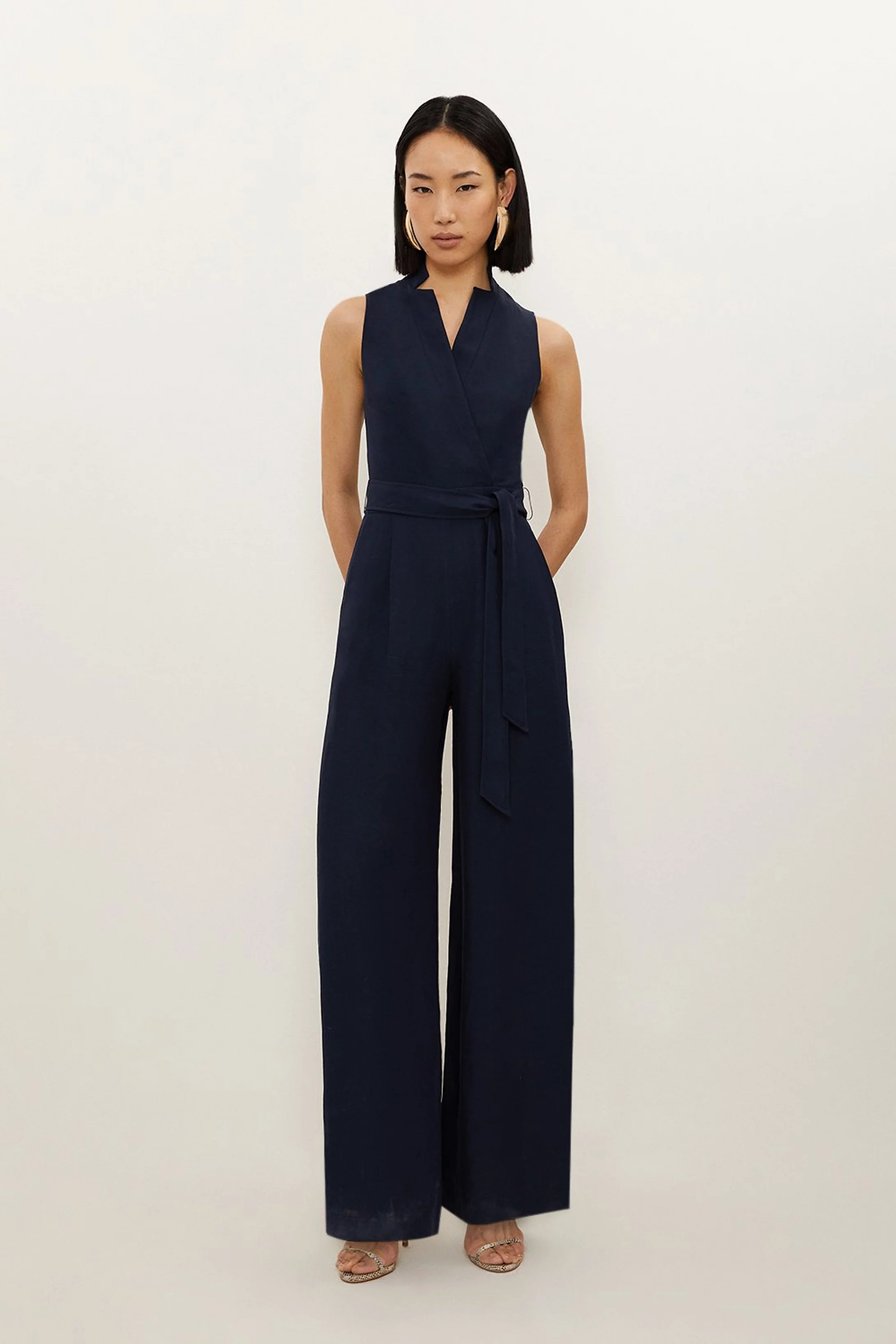 Petite Premium Tailored Linen Notch Neck Belted Straight Leg Jumpsuit | Karen Millen UK + IE + DE + NL