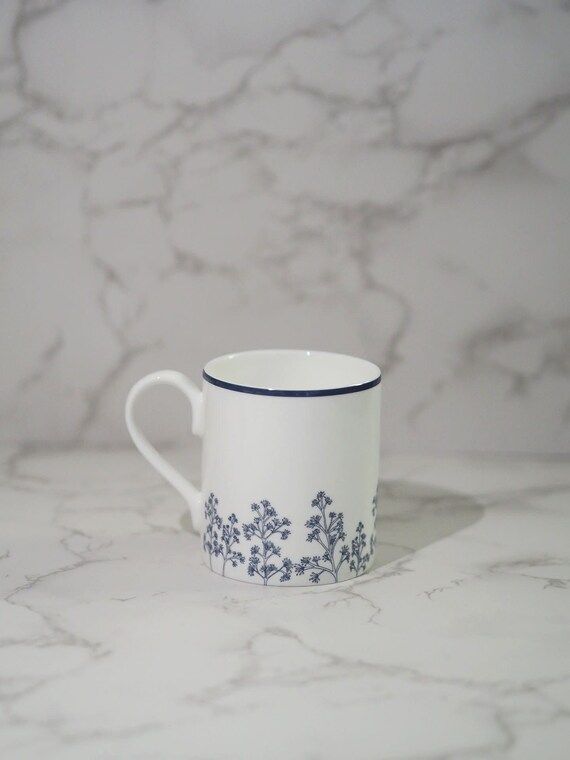 Navy Blue & White Skimmia Silhouette Fine China Mug - Etsy | Etsy (US)