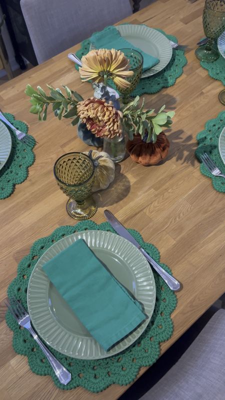 50 shades of green 💚 monochromatic tablescape for our family meal 
I added some velvet pumpkins to the decor along with some fresh floral to make today more special 

#LTKhome #LTKfindsunder100 #LTKfamily