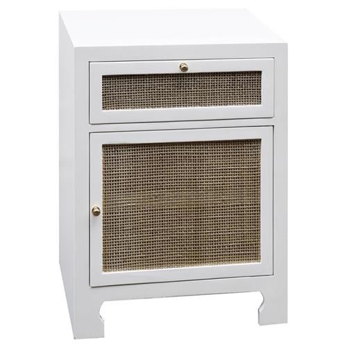 Miya Coastal Beach Woven Natural Cane Matte White Wood Nightstand | Kathy Kuo Home