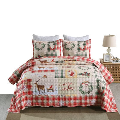 Marcielo 3 Piece Christmas Quilt Set Lightweight Holiday Plaid Patchwork Bedspread B021 Red Queen | Target