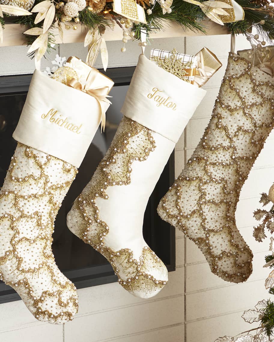 Neiman Marcus 19" Beaded Half Mist Christmas Stocking, Cuffed | Neiman Marcus