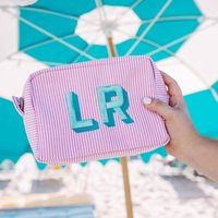 Embroidered Seersucker Makeup Bag // Monogrammed Bag, Toiletry Everything Personalized Travel Gift | Etsy (US)