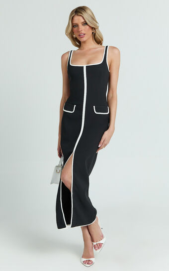 Xyra Midi Dress - Square Neck Contrast Bind Fitted Dress in Black | Showpo (US, UK & Europe)