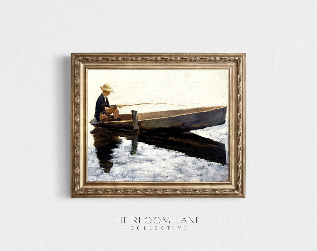 Vintage Boy Fishing Painting Digital Download | Nursery Artwork | Nautical Decor | Vintage Boat P... | Etsy (US)