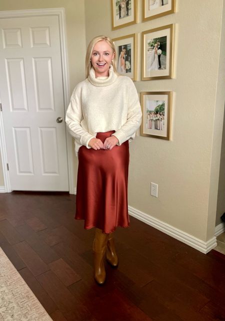 Wearing a small in both sweater and skirt | thanksgiving outfit, family photos, slip skirt, satin skirt, brown skirt, turtleneck, winter sweater, fall outfit, boots, brown boots 

#LTKfindsunder100 #LTKstyletip #LTKSeasonal