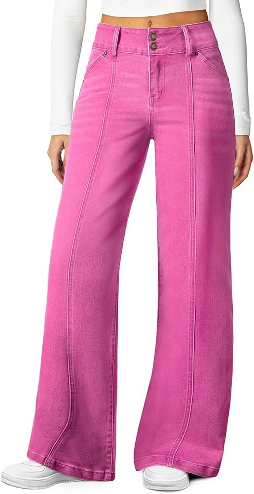 Sidefeel Women's Wide Leg Jeans High Waisted Stretchy Straight Leg Jeans Trendy Seamed Front Loos... | Amazon (US)