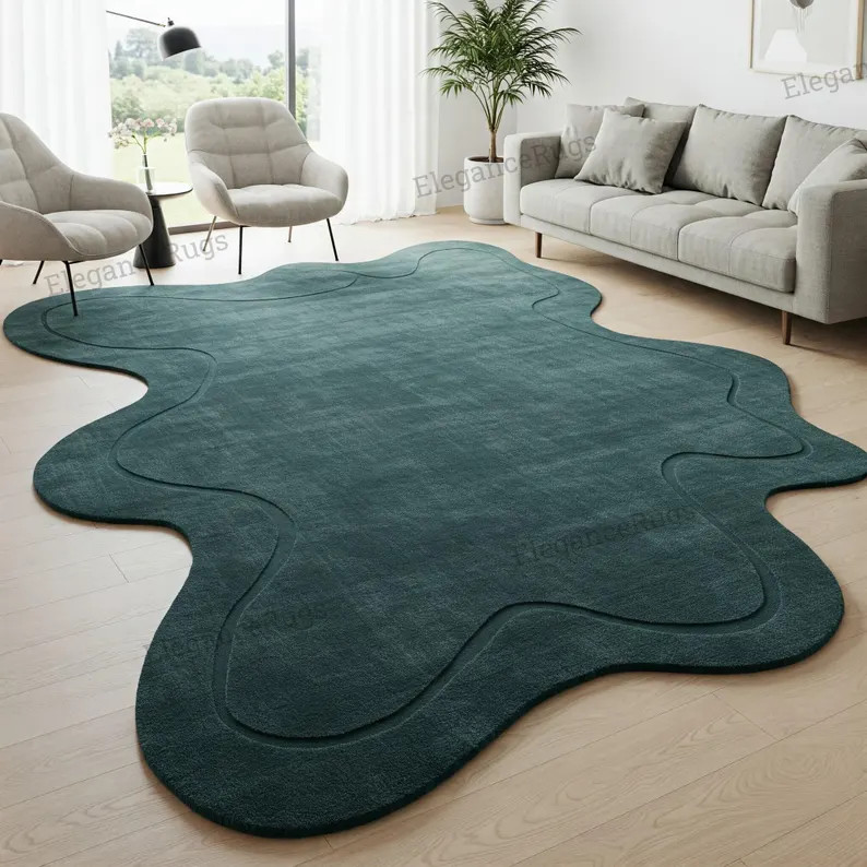 Deep Teal Irregular Hand Tufted Amoeba Wool Rug, Modern Abstract Melting Living Room Rug | Etsy (US)