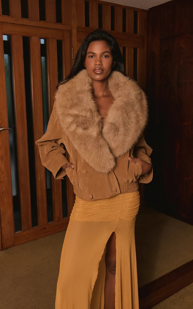 Camel Exaggerated Faux Fur Shawl Collar Faux Suede Bomber Jacket | PrettyLittleThing US