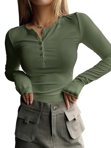 Henley Shirt Woman Henley Long Sleeve Women Long Sleeve Ribbed Shirt Womens Tops Trendy Womens Henley Fitted Army Green XL | Amazon (US)