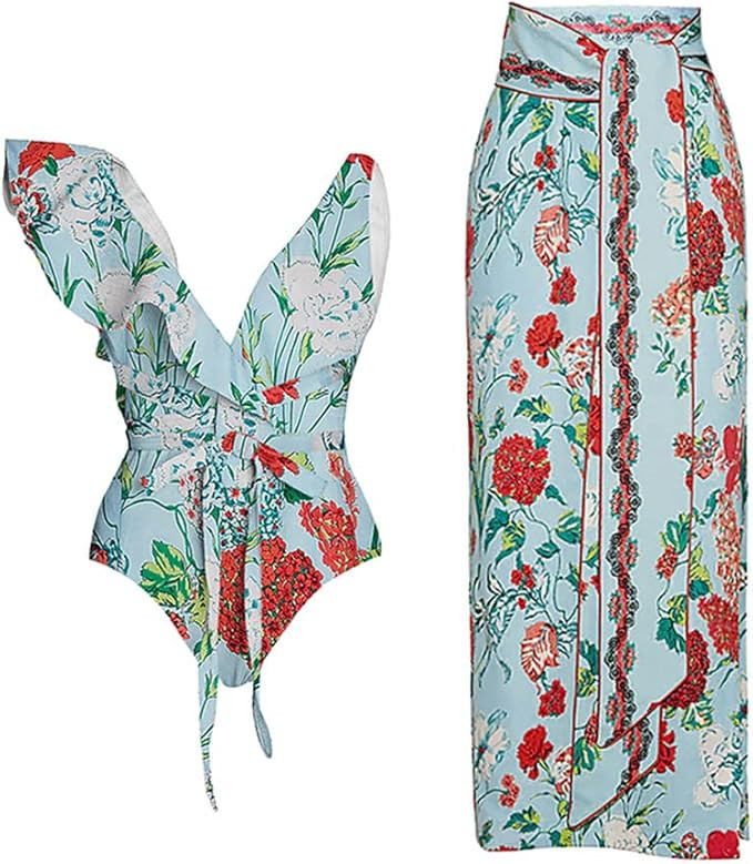 Women's Swimsuit Bodysuit Sleeveless Floral Print Bikini One Piece Swimsuit and Sarong Wrap Skirt... | Amazon (US)