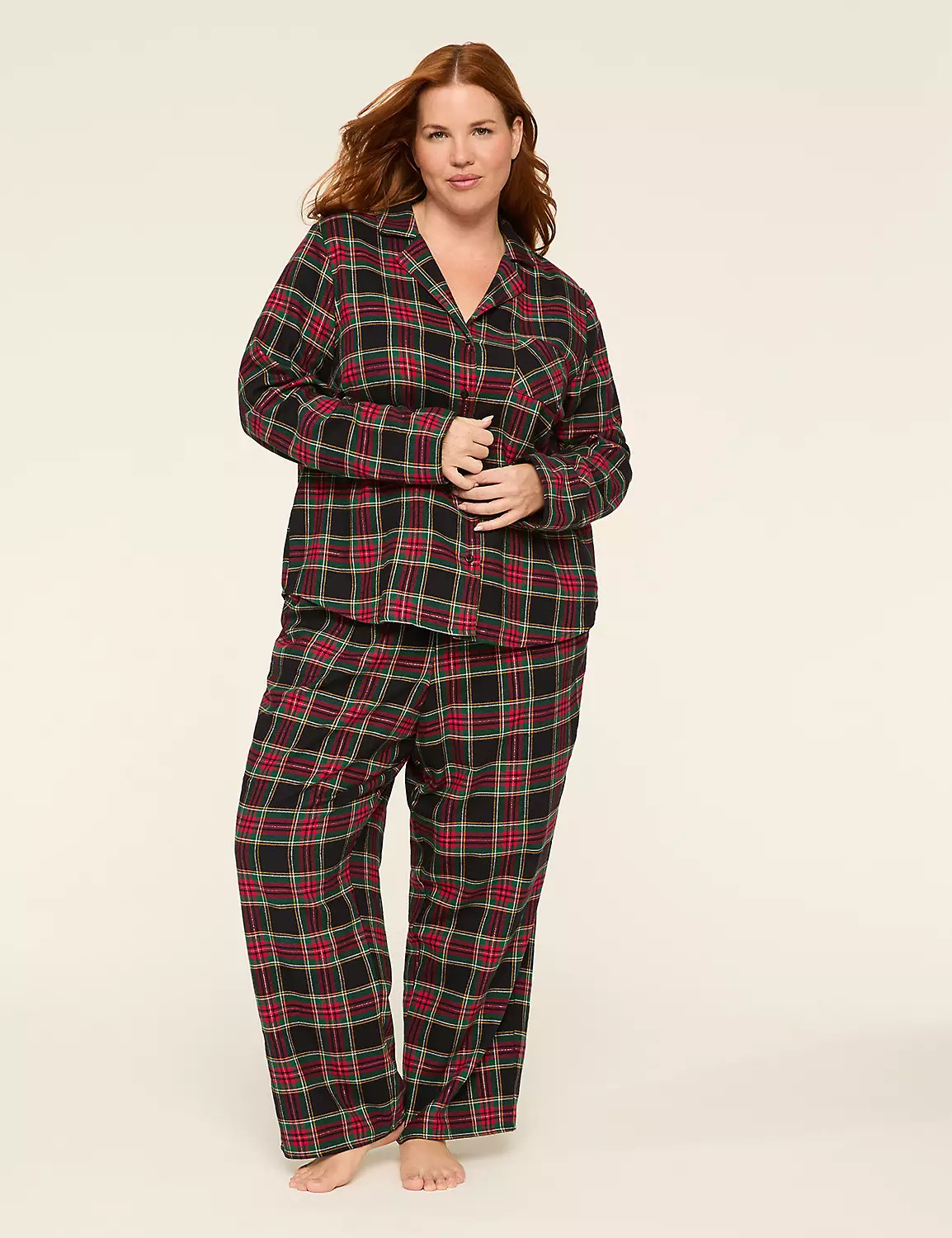 Lurex Flannel Long-Sleeve Notch-Neck Top & Pant PJ Set | LaneBryant | Lane Bryant (US)