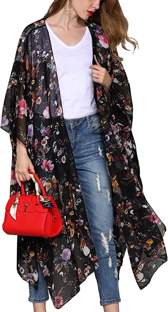 Women's Floral Kimono Cardigan Sheer Tops Loose Blouse Cover Ups | Amazon (US)