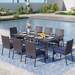 Black 9-Piece Metal Patio Outdoor Dining Set with Rattan Chair with Blue Cushion | The Home Depot