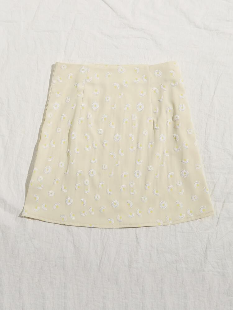 Ditsy Floral Embroidery Button Front Skirt | SHEIN