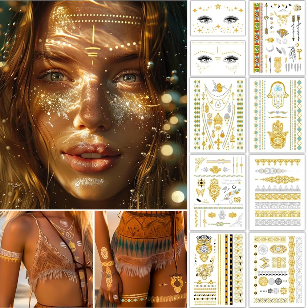 Boho Gold Temporary Tattoo Set, Body Glitter & Face Glitter Freckles, 150+ Metallic Temporary Tat... | Amazon (US)