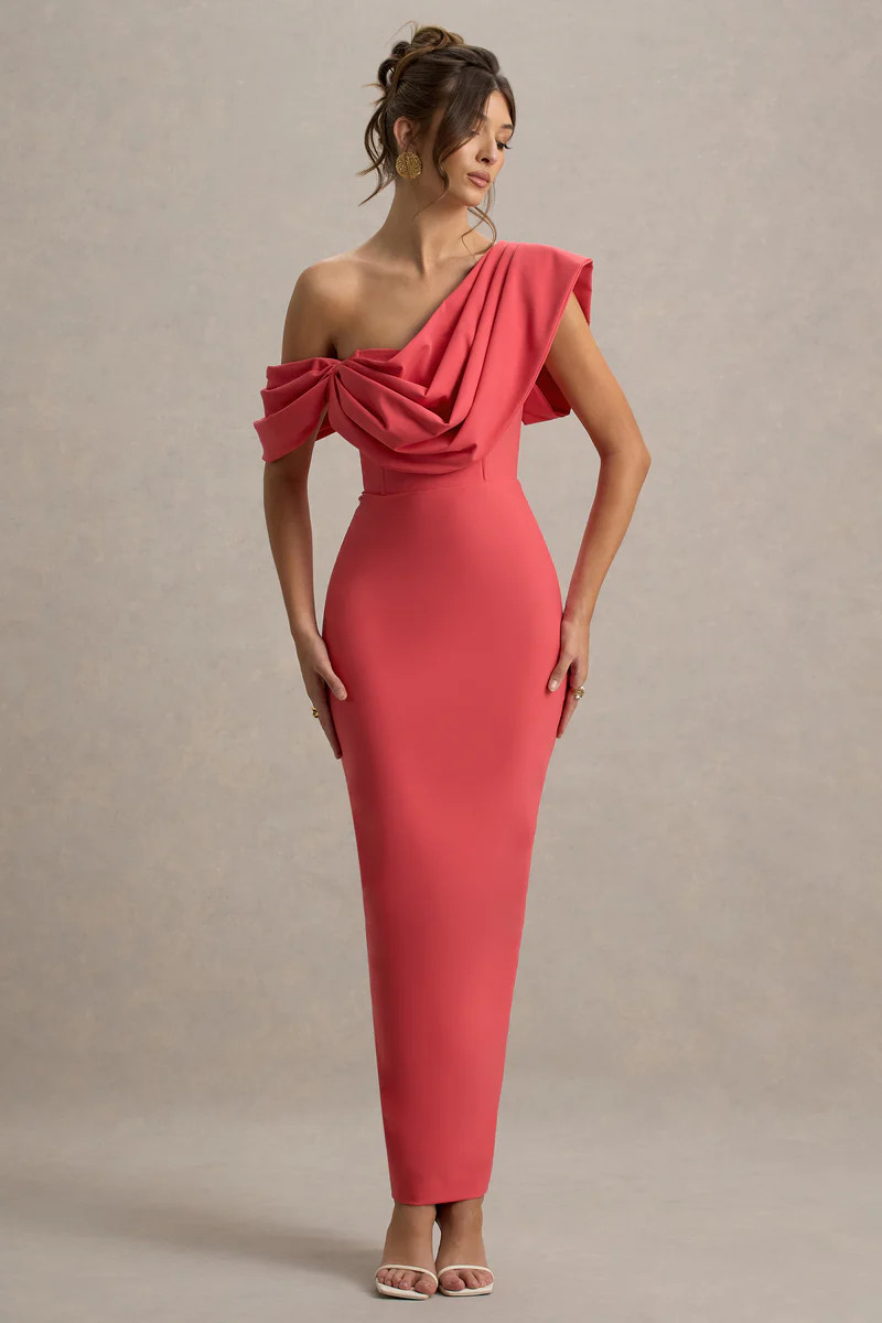 Angelina  Pink Draped Shoulder Maxi Dress | Club L London