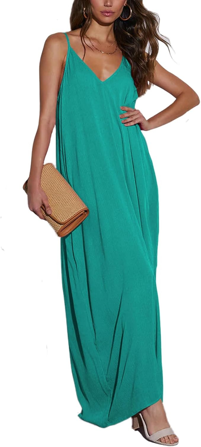 Poetsky Womens Casual Strappy V Neck Sleeveless Flowy Pockets Loose Long Maxi Beach Dress Sundres... | Amazon (US)