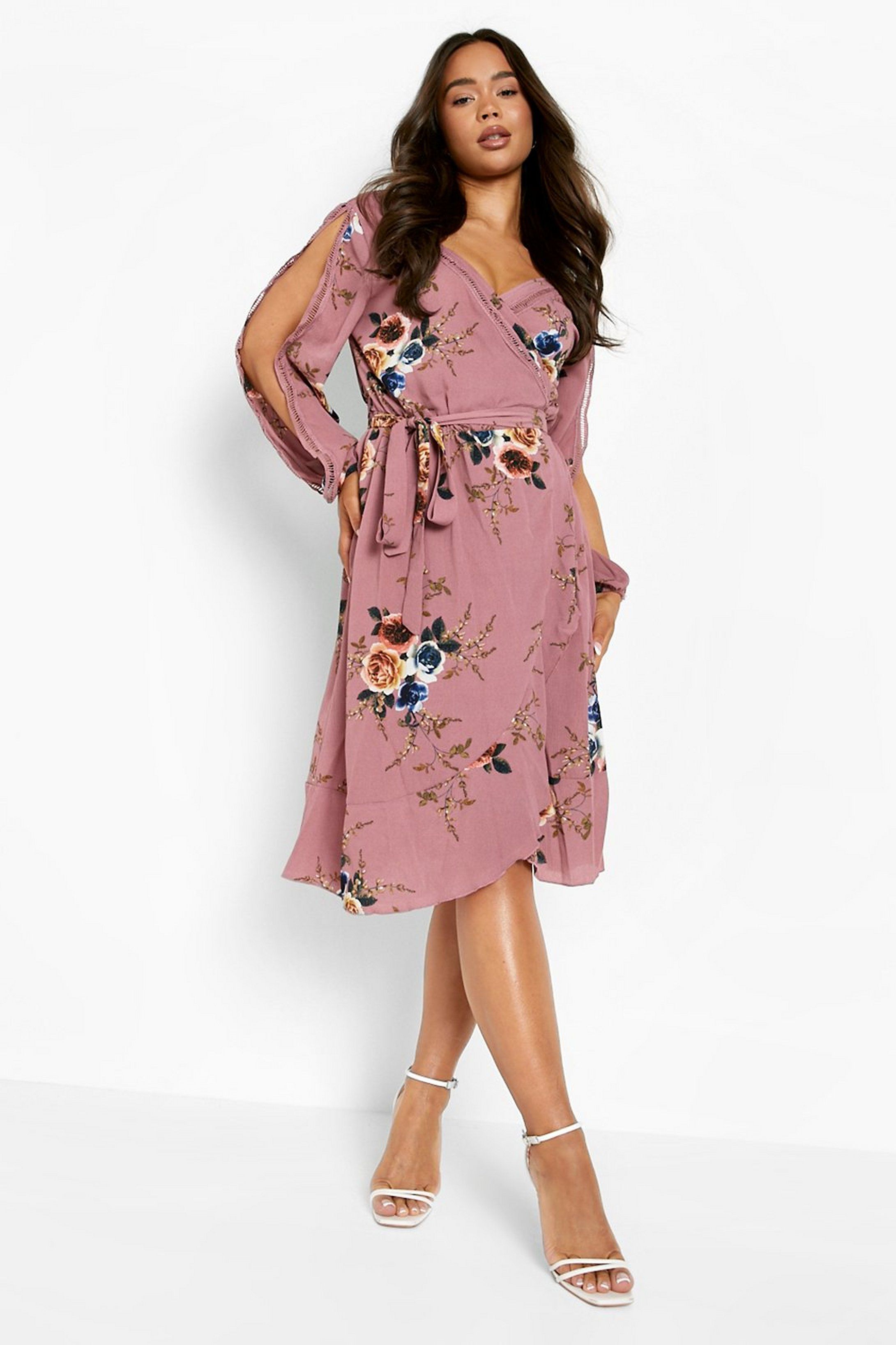 Boutique Floral Split Sleeve Wrap Dress | Boohoo.com (US & CA)