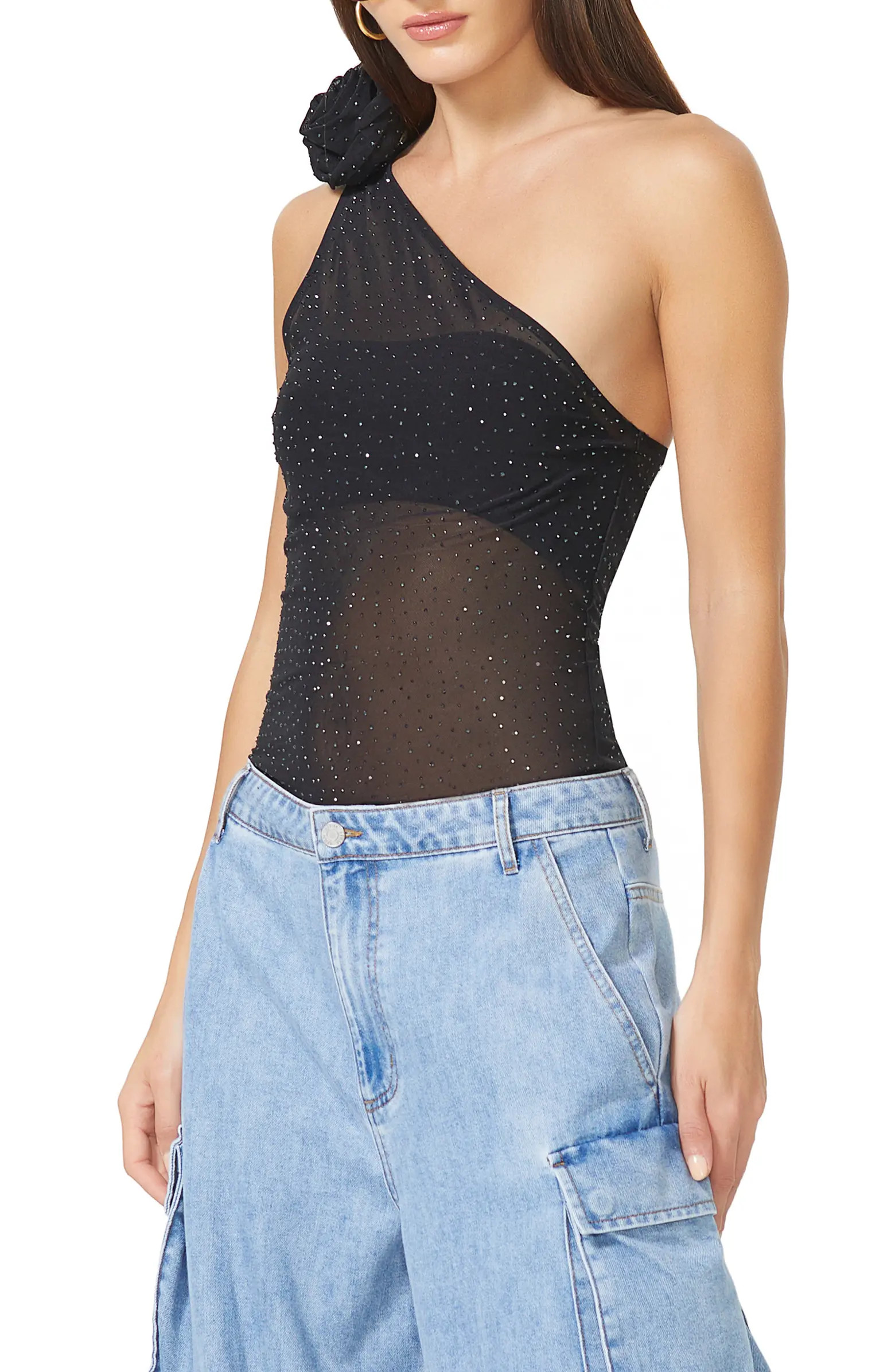 Delaney Embellished Rosette Mesh One-Shoulder Top | Nordstrom