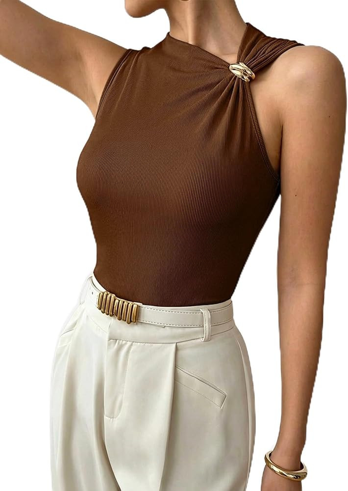 EVALESS Womens Sleeveless Asymmetric Neck Tank Tops Elegant Metal Decor Ribbed Fitted Summer Basi... | Amazon (US)