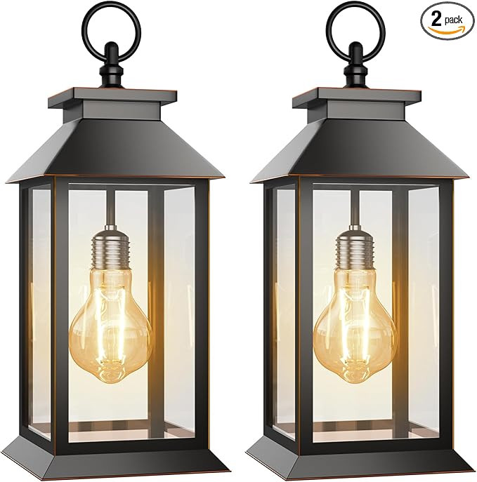 2 Pack Hanging Solar Lanterns Glass Solar Lights Outdoor Waterproof Upgraded Solar and 2 AA Batte... | Amazon (US)