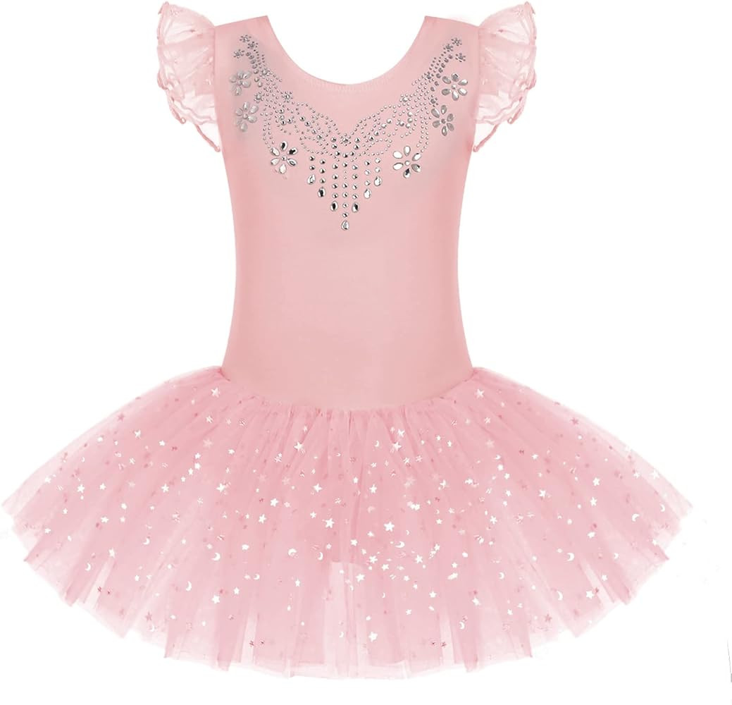 Zaclotre Kid Girls Ruffle Sleeve Ballet Skirted Leotard Shiny Dance Tutu Dresses | Amazon (US)