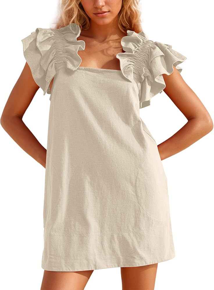 Summer Square Neck Mini Dress for Women Ruffle Sleeve Backless Short Shift Dress Solid Off The Sh... | Amazon (US)