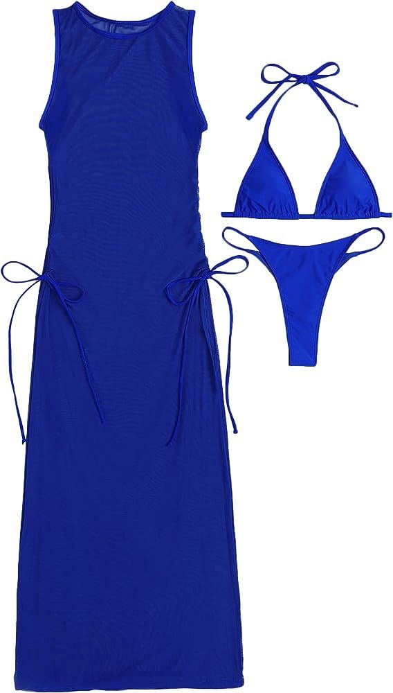 SheIn Women's Sexy 3 Piece Swimsuits Mesh Cover Up Micro Triangle Halter Bikini Set | Amazon (US)