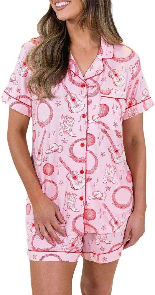 Womens Y2k Heart Pattern Cotton Pajamas 2 Piece PJ Set Button Up Short Sleeve PJs Shorts Cute Paj... | Amazon (US)