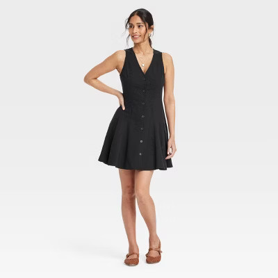 Women's Button-Front Godet Mini A-Line Dress - Universal Thread™ Black S: V Neck, Sleeveless, Side Pocket | Target