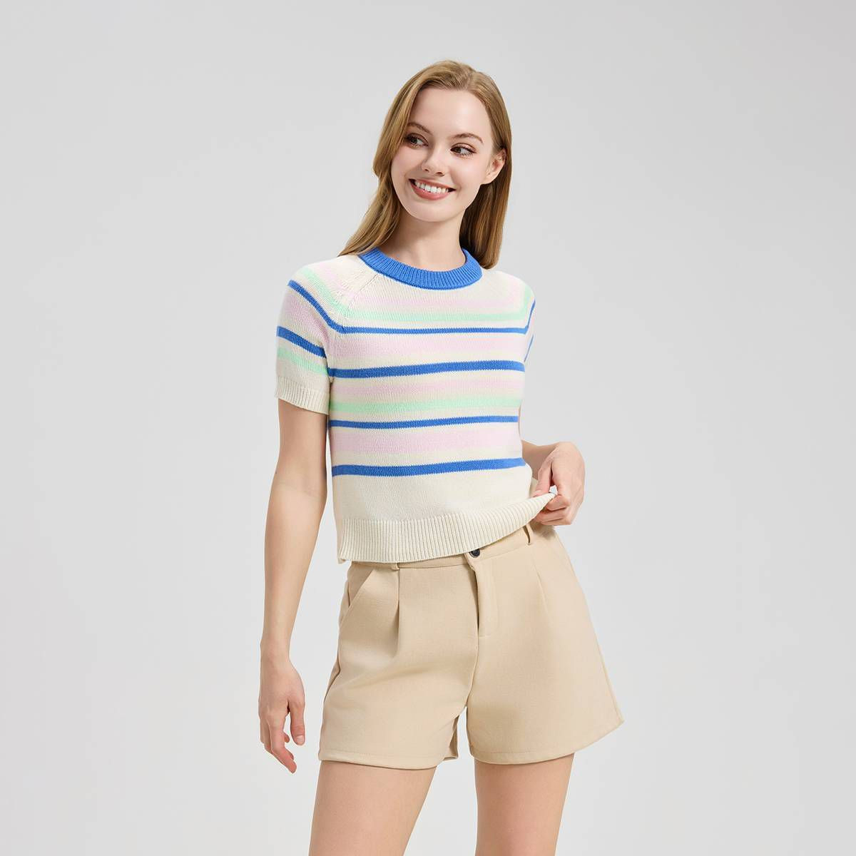 Women's Short Sleeve Sweater T-Shirt - A New Day™ Cream Striped XXL | Target