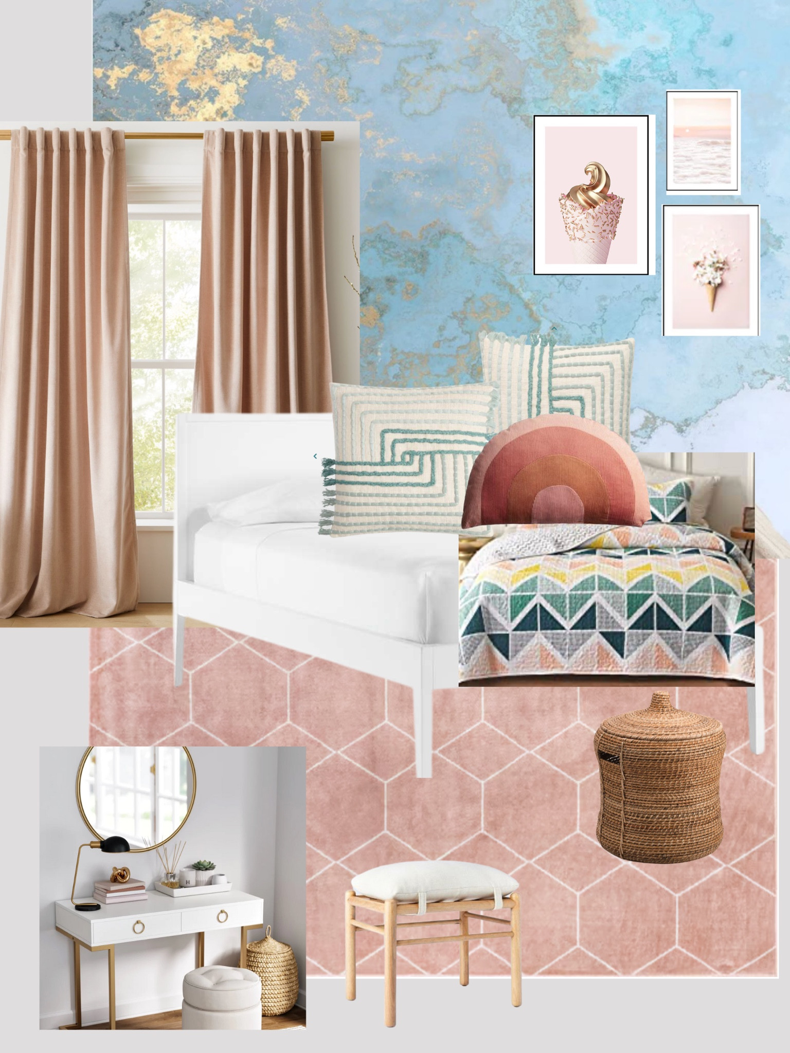 Girls bedroom. 
Modern boho girls room
Pink rug
World market
Mood board

#LTKstyletip #LTKhome #LTKkids