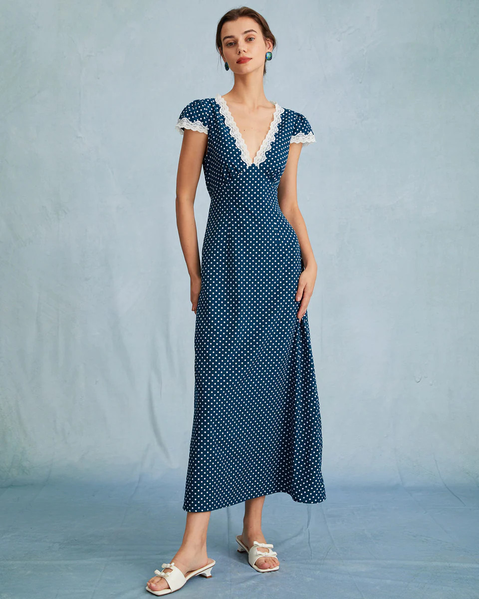 The Navy V Neck Polka Dot Lace Ruched Maxi Dress | rihoas.com