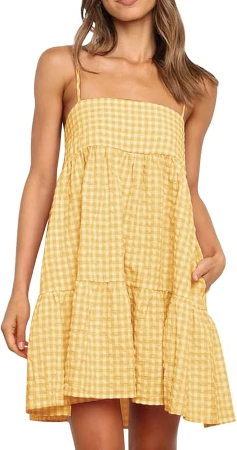 Wenrine Womens Summer Plaid Mini Dress Spaghetti Strap Beach Sundress | Sleeveless,Casual,Gingham... | Amazon (US)