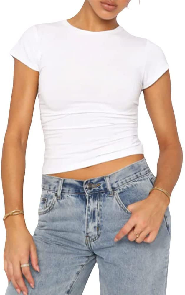 Disnxoo Women Sexy Short Sleeve T-Shirt Solid Slim Fitted Tee Casual Basic Crew Neck Crop Top Blo... | Amazon (US)