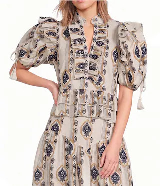 A Loves A Embroidered V Neck Short Bubble Sleeve Woven Blouse - L | Dillard's