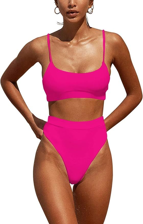 DaiLiWei Womens Swimsuits High Waist Crop Sports Bikini Sets Two Piece High Cut Bathing Suits Swi... | Amazon (US)