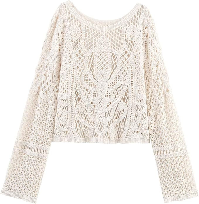 Minimalist Lace Crochet Top French Fashion Ladies Retro Lazy Beige Elegant Knitted Women Pullover... | Amazon (US)