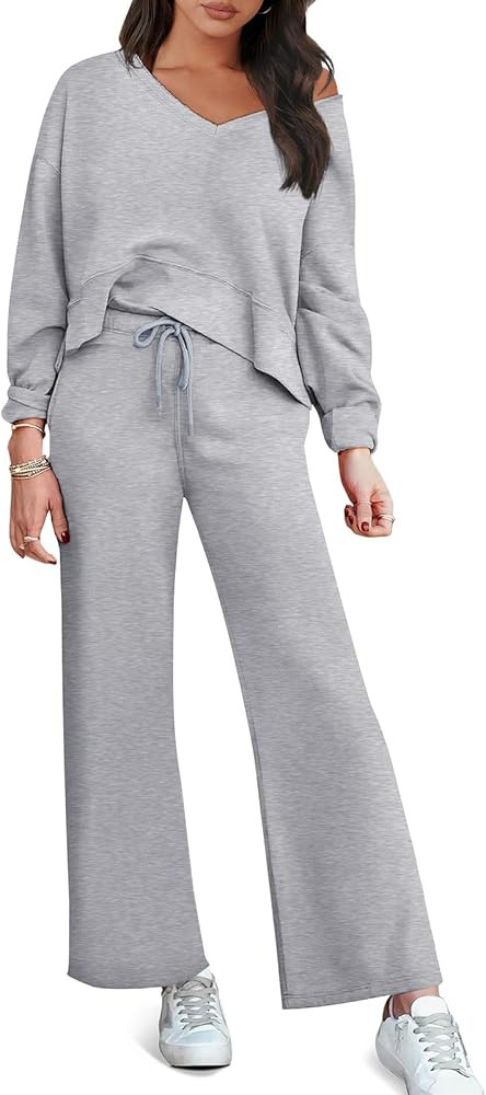 Prinbara Women's Two Piece Outfits Sweatsuit Set Casual Long Sleeve V Neck Top Wide Leg Pants Mat... | Amazon (US)