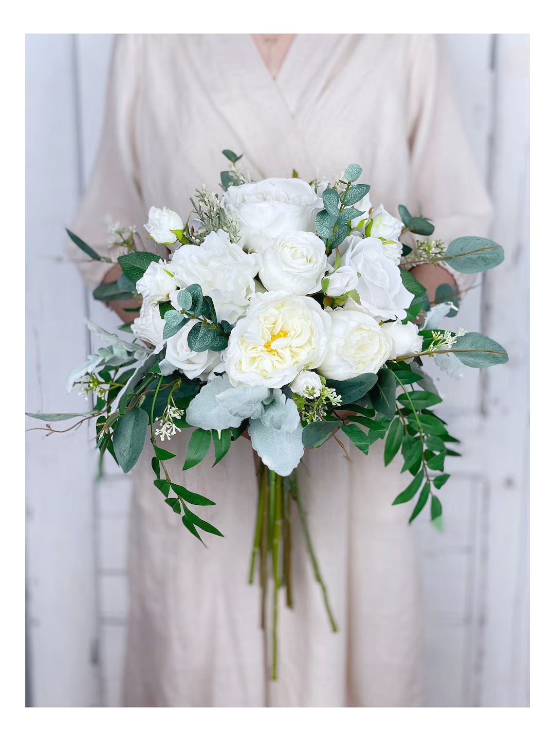 White Rose Bridal Bouquet, Classic Wedding White Draping Bouquet, Rustic Boho Flower Bouquet, Des... | Etsy (US)