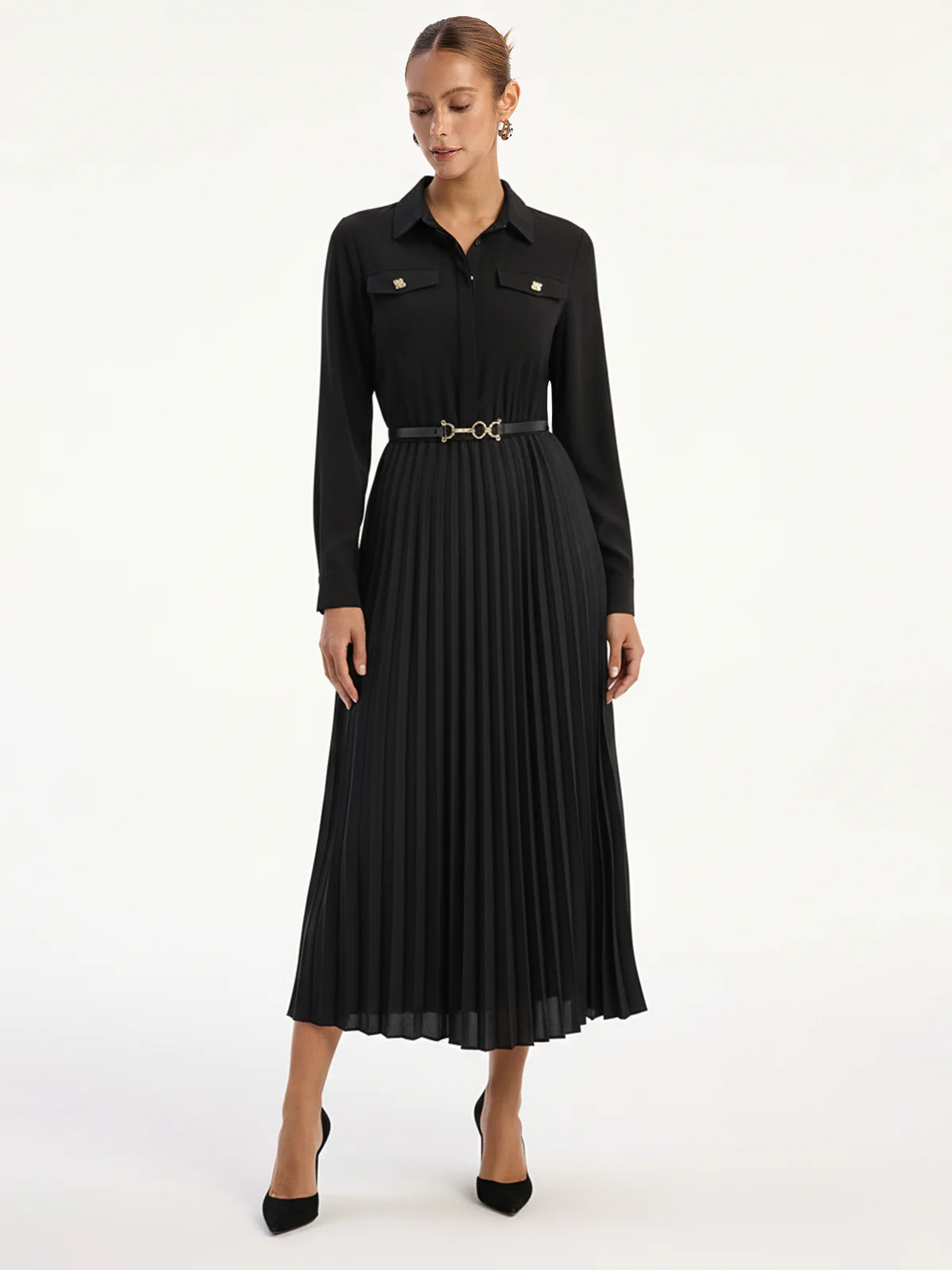 Belted Pleated Long Sleeve Shirt Dress | Commense